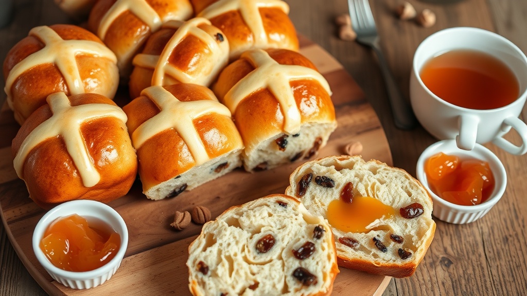 Traditional Hot Cross Buns Recipe Golden brown Hot Cross Buns on a wooden board, cut in half to show the soft and fluffy texture, with a cup of tea and apricot jam.